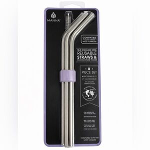 MANNA 18/8 Stainless Steel Reusable Bent Straws Set 8pc 8.5” + Brush + Silicone